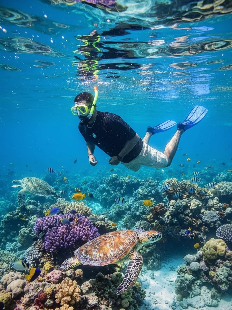 A snorkeller above a sea turtle and coral reef near Mnemba Island