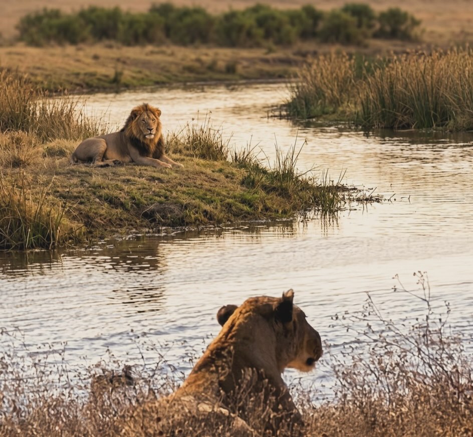 A male lion and lioness resting on opposite banks of a Ngorongoro wetland channel
