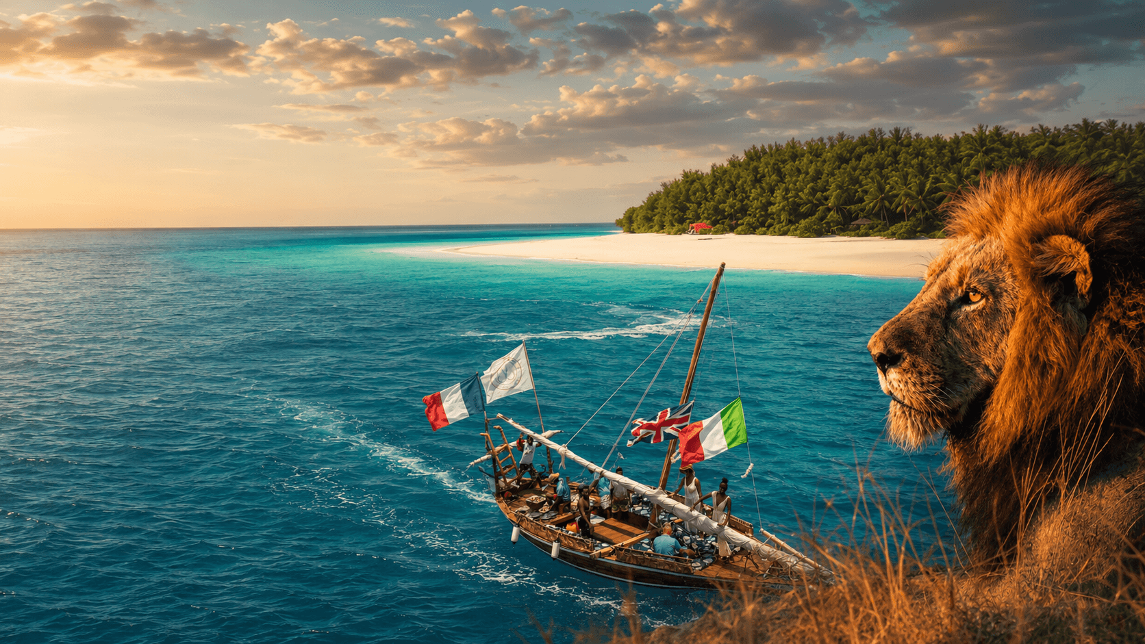 A Zanzibar dhow sailing past a tropical island with a lion watching from the shore
